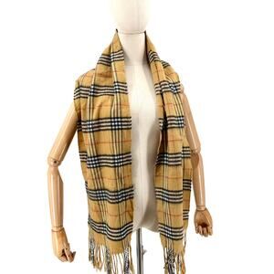 Vintage Y2K Beige Tartan Check 100% Cashmere Fringe Trim Scarf